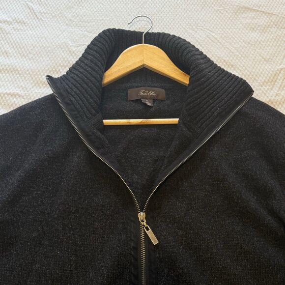 Tasso Elba 100% Lambswool Full Zip Sweater Jacket XL Black Mock Neck Ribbed Knit - Picture 6 of 8